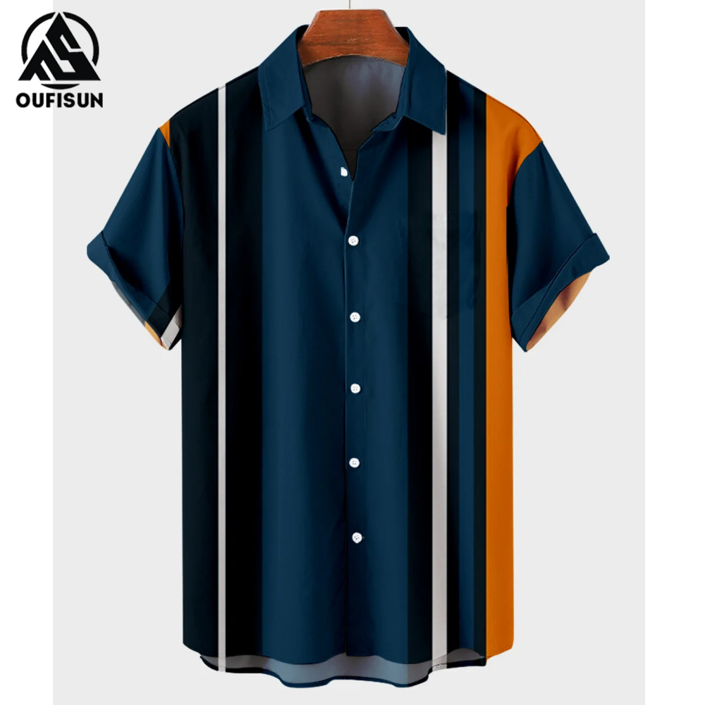 2023 5XL Hawaii áo nam Colourful Ngắn Tay Kẻ Sọc Áo Sơ Mi Cho Nam Thường Ngày Hàng Đầu Quá Khổ Áo Thun Nam Quần Áo