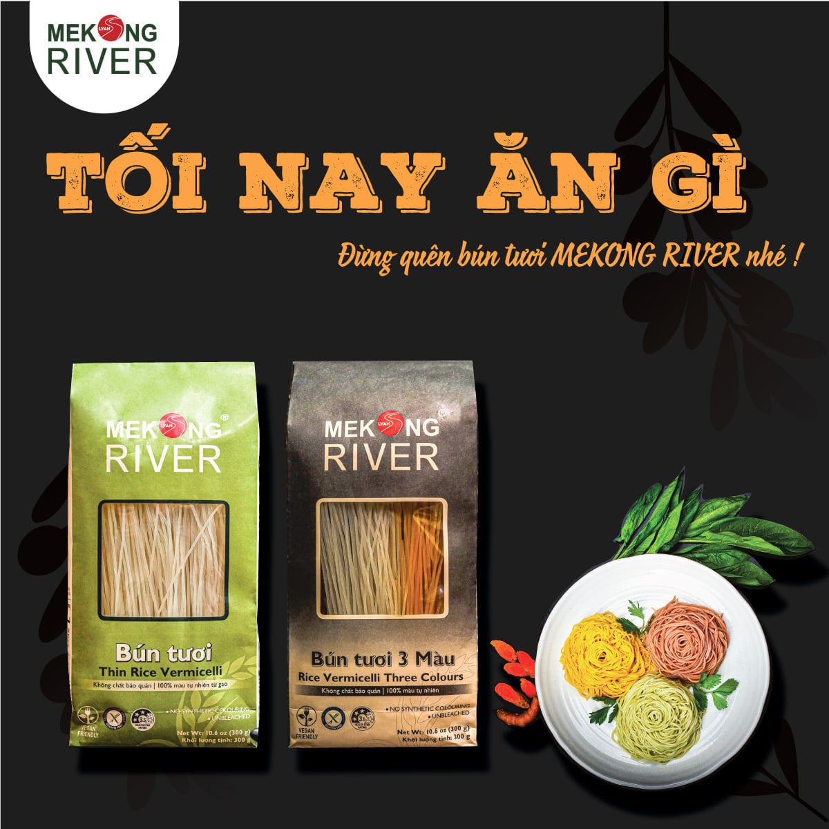 Combo 2 gói bún tươi mekong river - truyền thống & 3 màu - gói 300gr