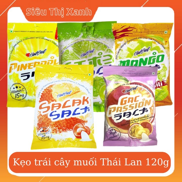 Combo 5 Gói Kẹo Trái Cây Hartbeat Thái Lan 120g: Chanh Muối Dứa Muối Xoài Non Muối Ớt Chanh Dây Gấc Muối