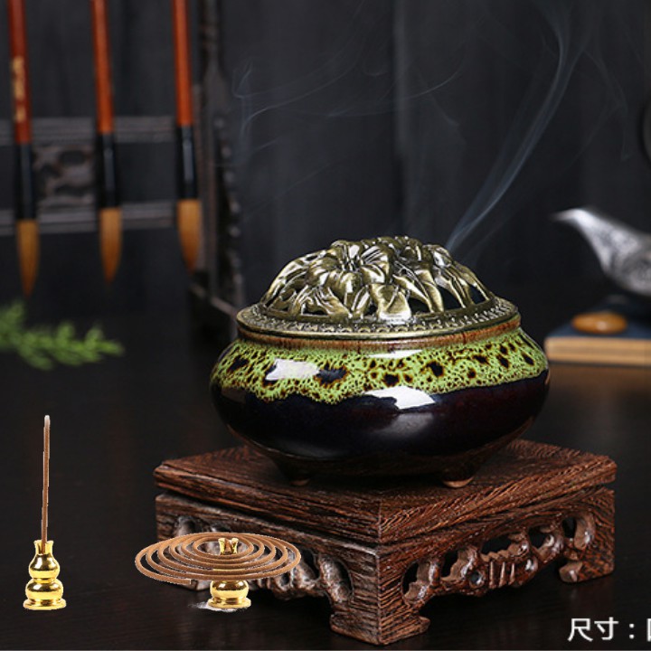 Combo bộ lư gốm có trụ cài nhang và nhang trầm vòng