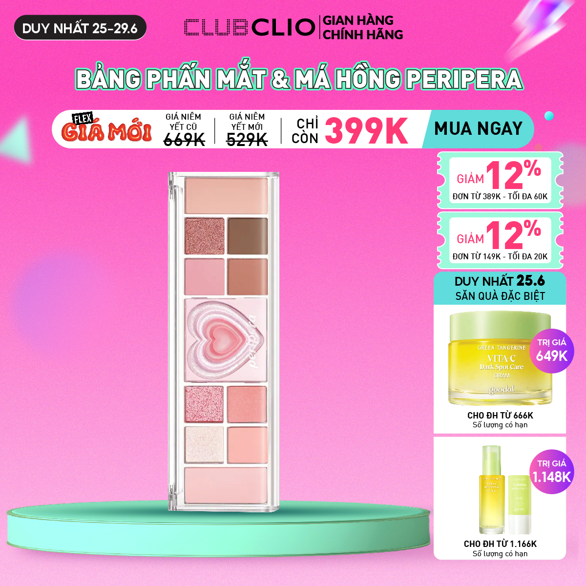 [Voucher 60K][Duy nhất 25.6] Bảng Phấn Mắt & Má Hồng Peripera All Take Mood Like Palette 8g