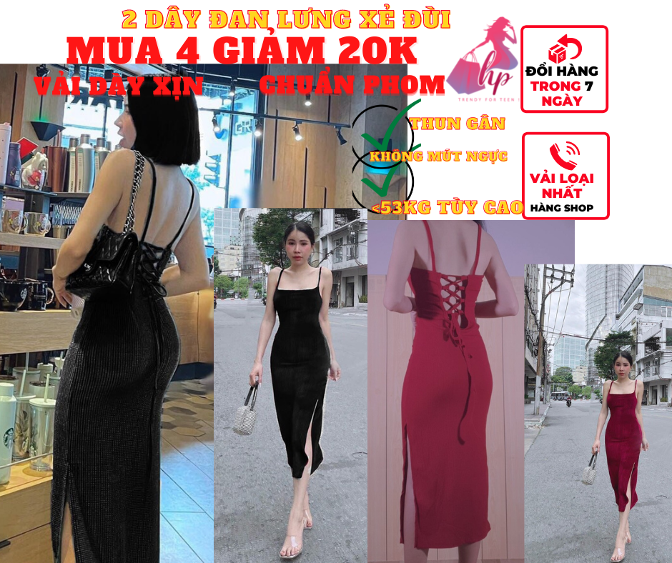 Váy đầm 2 dây nữ đan dây hở lưng body xẻ tà đùi thun gân không mút ngực phong cách hàn quốc-VD100