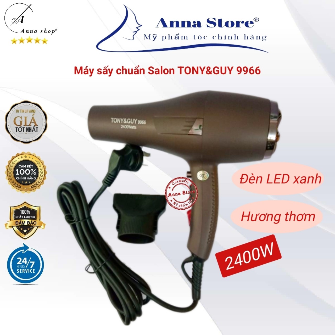 Máy sấy tóc cao cấp tony&guy 9966 2400w, máy sấy 2 chiều nóng lạnh hương thơm ánh sáng xanh công suất lớn chuẩn salon - chính hãng