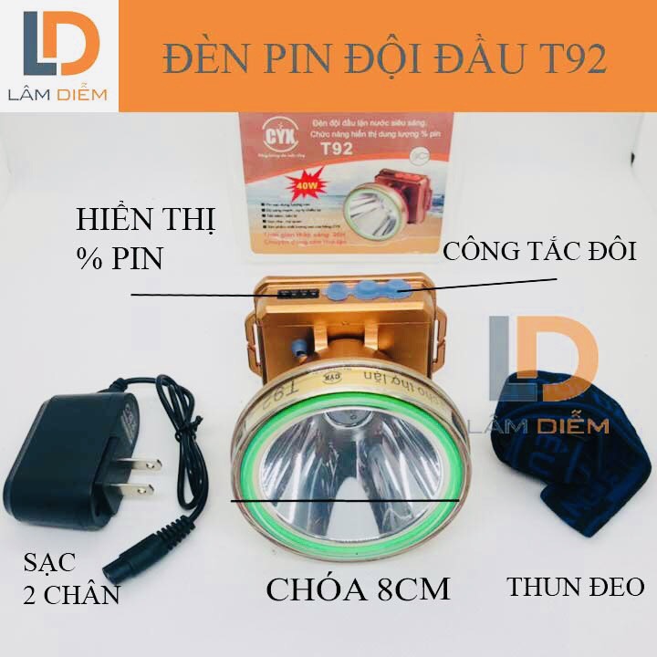 Đèn pin đội đầu siêu sáng  HIỂN THỊ % PIN 3 CHẾ ĐỘ T92