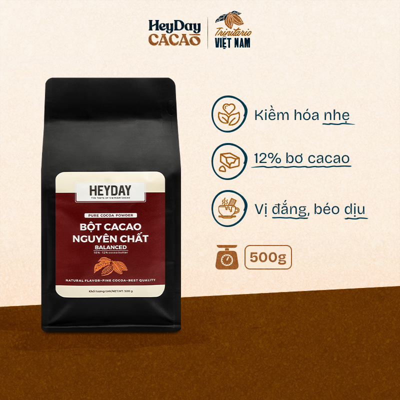 Bột cacao nguyên chất Việt Nam không đường Heyday  - Túi zip 500g - Balanced 12% bơ cacao tự nhiên - Hỗ trợ giảm cân - Keto - Vị socola nguyên bản - Không hương liệu, phụ gia