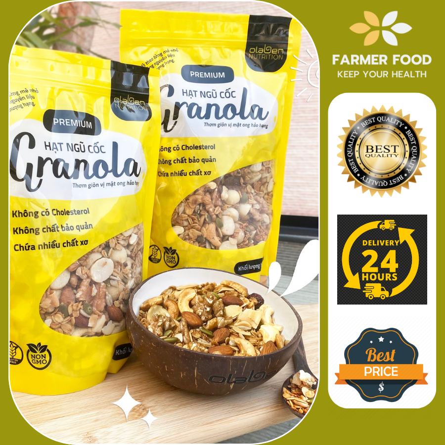 COMBO 2 Granola 500g + Chén muỗng gáo dừa - Hạt ngũ cốc dinh dưỡng ăn kiêng, giảm cân tự nhiên Olaben Nutrition