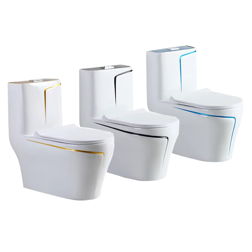 Bồn cầu 1 khối màu trắng kiểu tròn kết hợp viền đen, xanh, vàng