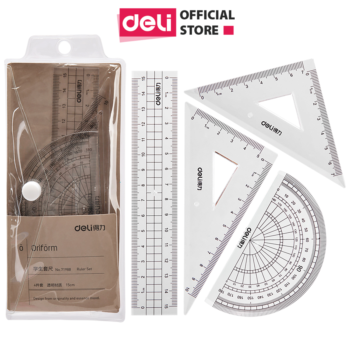 Bộ eke thước đo học sinh Deli - Set 4 dụng cụ nhựa trong suốt - 71988