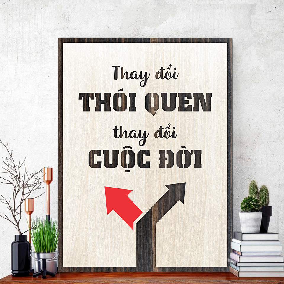 Tranh Gỗ Decor trang trí quán Coffee LEVU066 slogan câu nói hay ý nghĩa "thay đổi thói quen thay đổi cuộc đời"