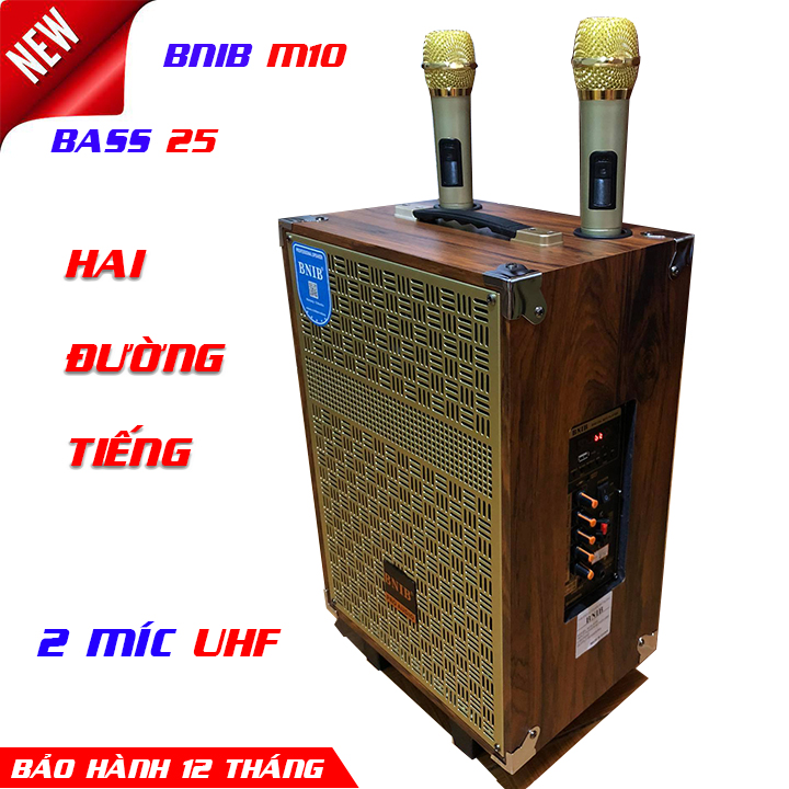 Loa kéo cao cấp bnib m10 hai đường tiếng, âm thanh nổi siêu chất, kèm 2 míc uhf xịn sò