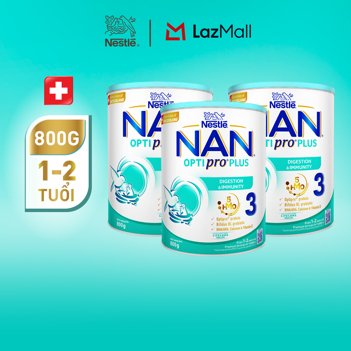 Bộ 3 lon Sữa Bột Nestlé NAN OPTIPRO PLUS 3, Cho Trẻ Từ 1-2 Tuổi, 800g, Hỗ Trợ Tiêu Hóa, Đề Kháng, Trí Não  Phát Triển Toàn Diện, Nhập Khẩu Thụy Sĩ