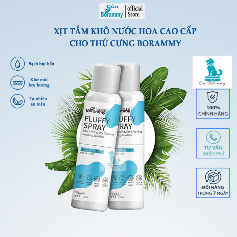 [Hoàn Tiền 10%]Xịt tắm khô nước hoa cho chó mèo Borammy - Bột xịt khô cho thú cưng khử mùi dưỡng lông mềm mại chai 200ml