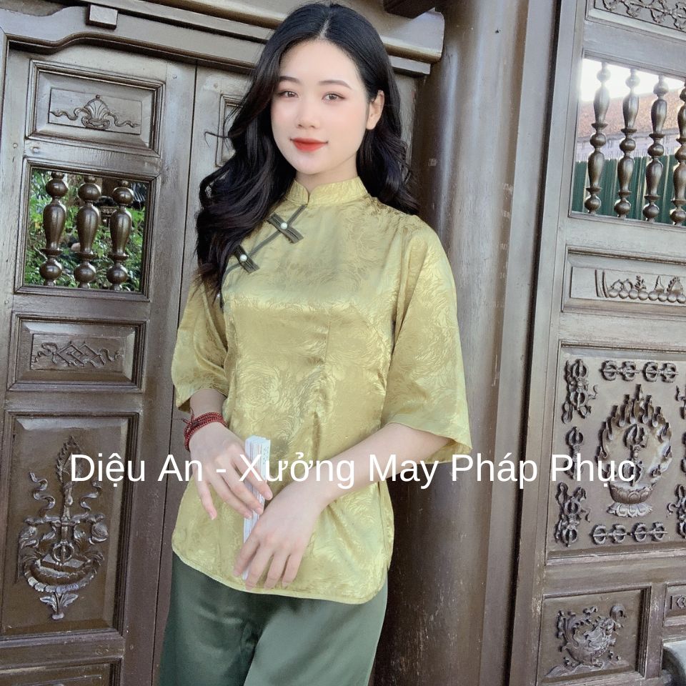 Set lụa cao cấp đi lễ chùa cổ tàu màu xanh cốm
