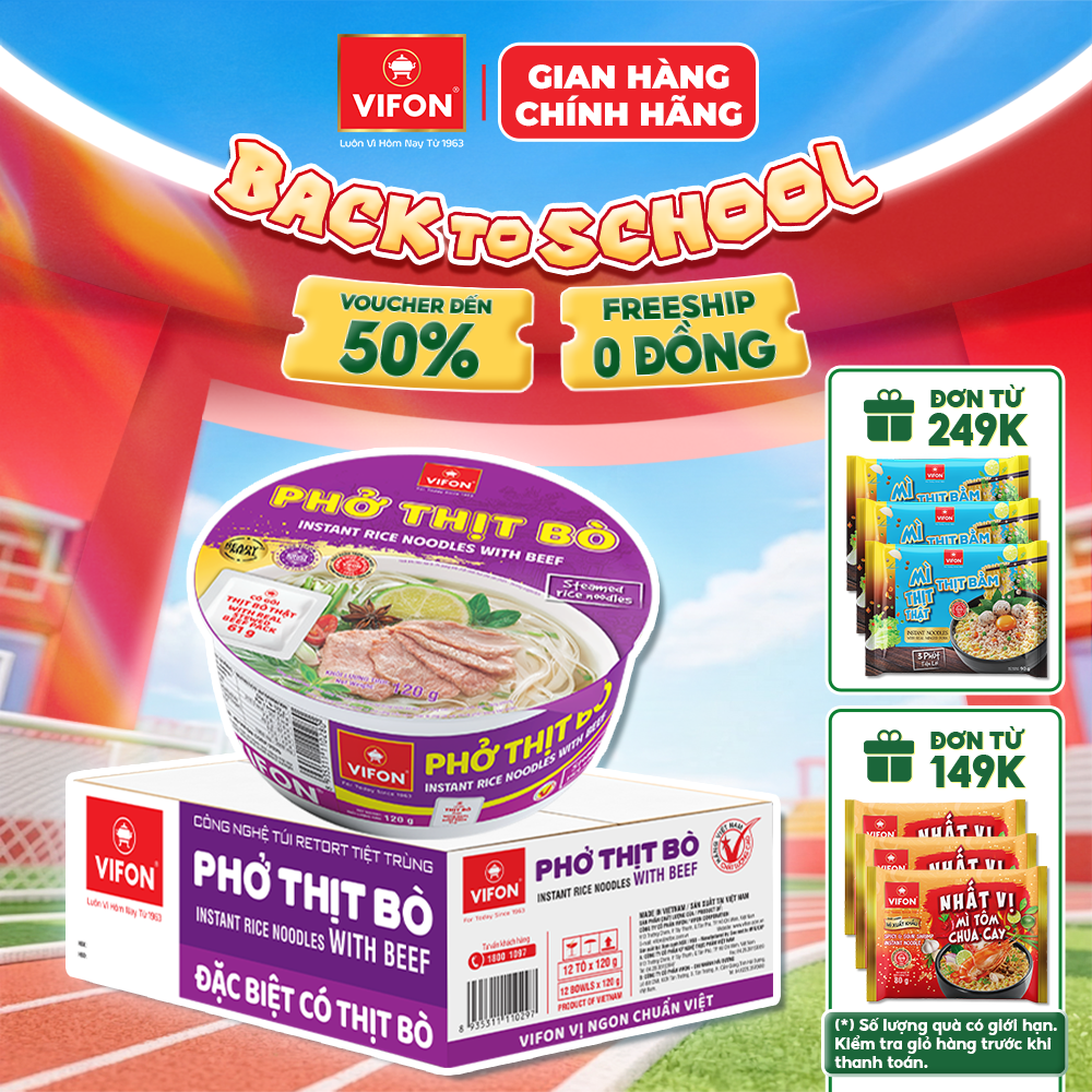 Thùng 12 tô/ set 2 tô phở thịt bò/ gà vifon 120g có gói thịt thật, dạng tô tiện lợi
