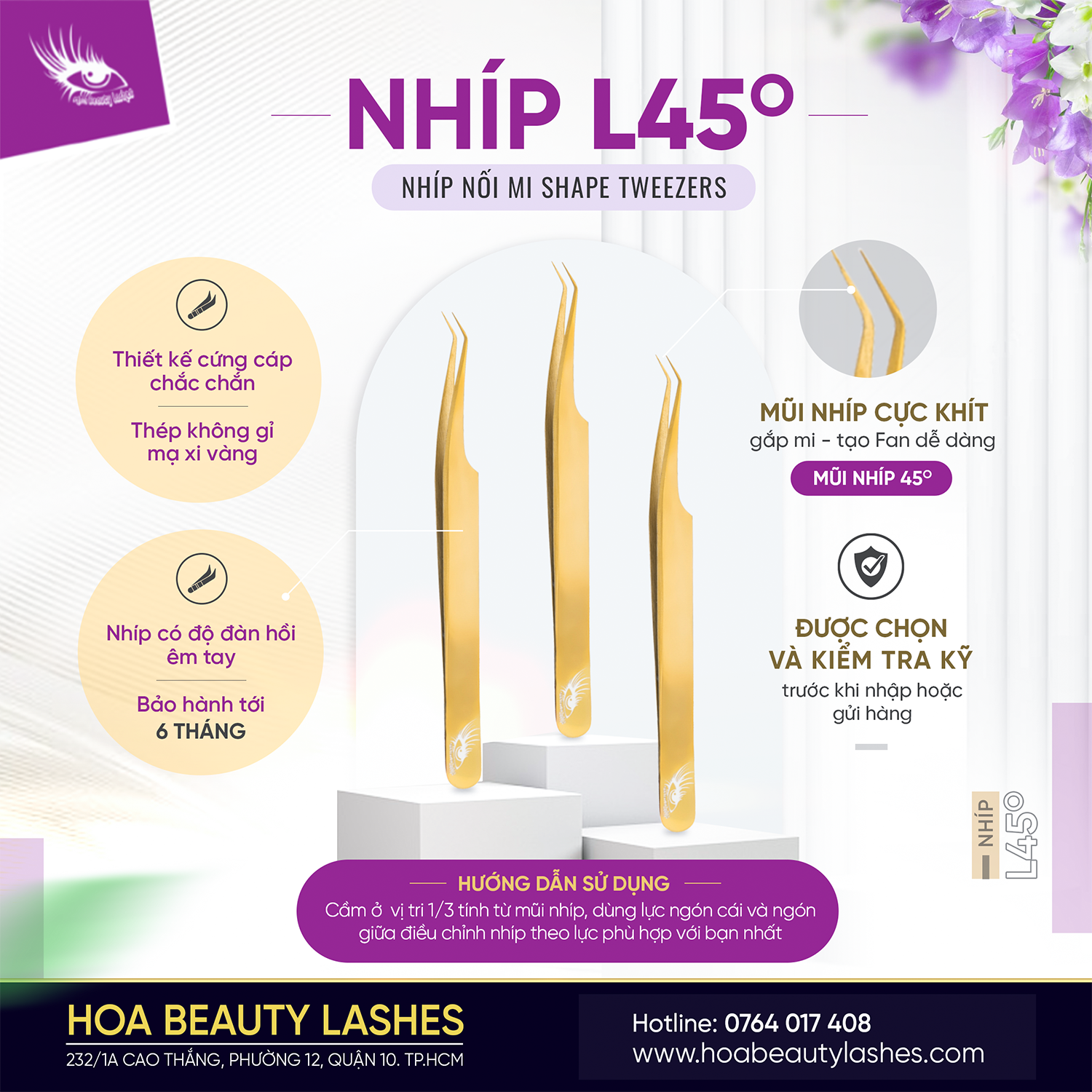 Nhíp nối mi volume mạ vàng cao cấp L 45 Hoa beauty Lashesvn