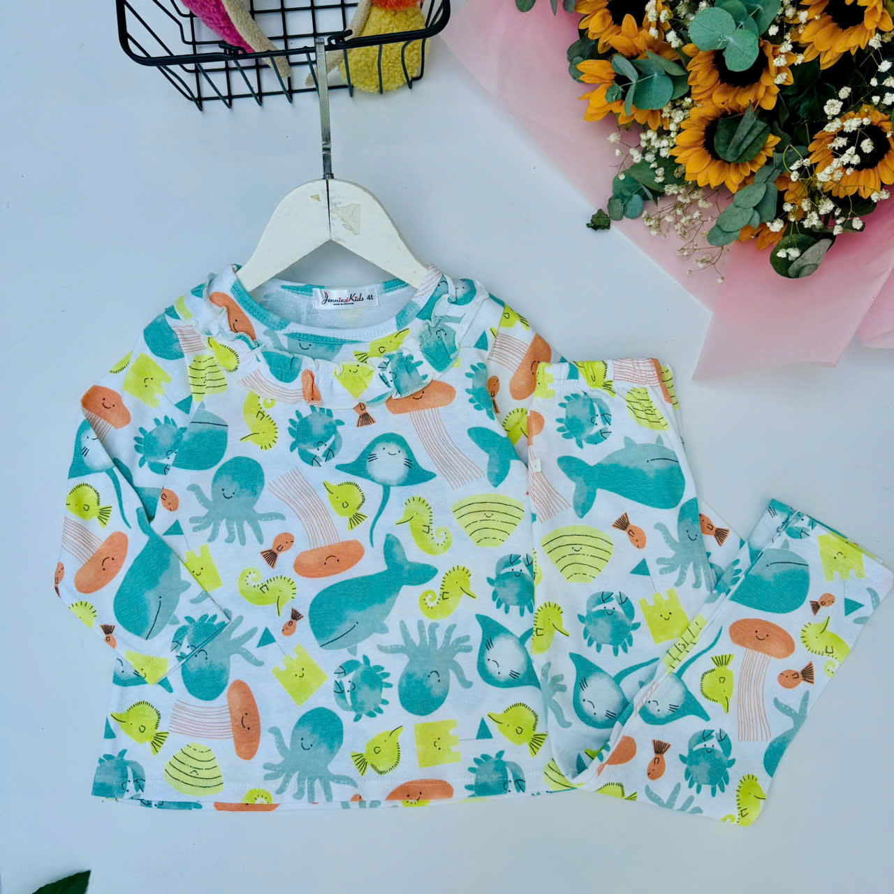 Đồ bộ bé gái, bộ bé gái dài tay size đại thun cotton borrip cổ bèo Jennie kids J344 - 7