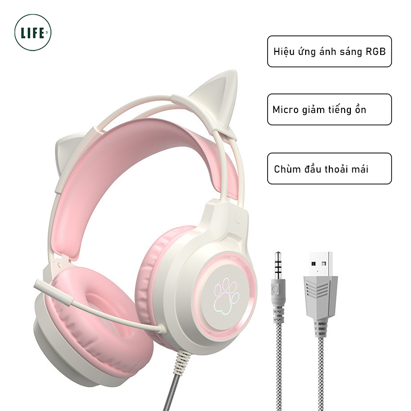 Tai nghe có dây Tai Mèo Micro khử tiếng ồn hiệu ứng ánh sáng RGB Tai nghe chơi game học tập cho máy tính để bàn máy tính xách tay