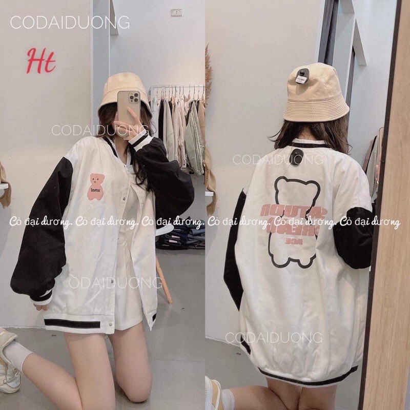 Áo khoác gió bomber phối gấu lưng chữ hồng HT12