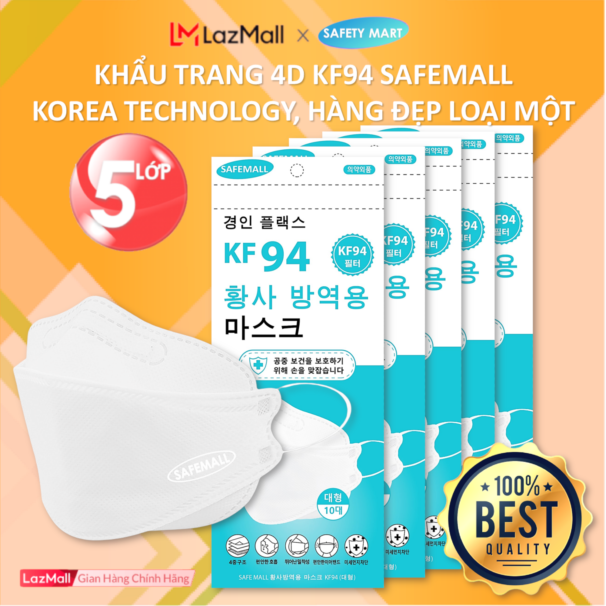 [HOT] Thùng 300/200 chiếc khẩu trang y tế 4D KF94 SafeMall N99+ (màu trắng)  Korea Technology, 5 lớp vải kháng khuẩn, kháng bụi mịn lên đến 95%, đạt tiêu chuẩn ISO - Hàng Chính Hãng Safety Mart Official
