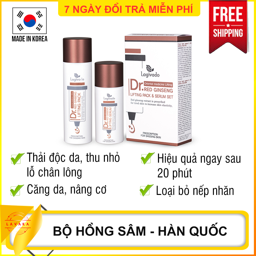 Mặt nạ hồng sâm se khít lỗ chân lông và đánh bay mụn đầu đen Hàn Quốc - Bộ Hồng Sâm Hàn Quốc - kem dưỡng da hồng sâm - Lagivado Dr. Red Ginseng Lifting Pack & Serum Set 80 ml - LAVAHA