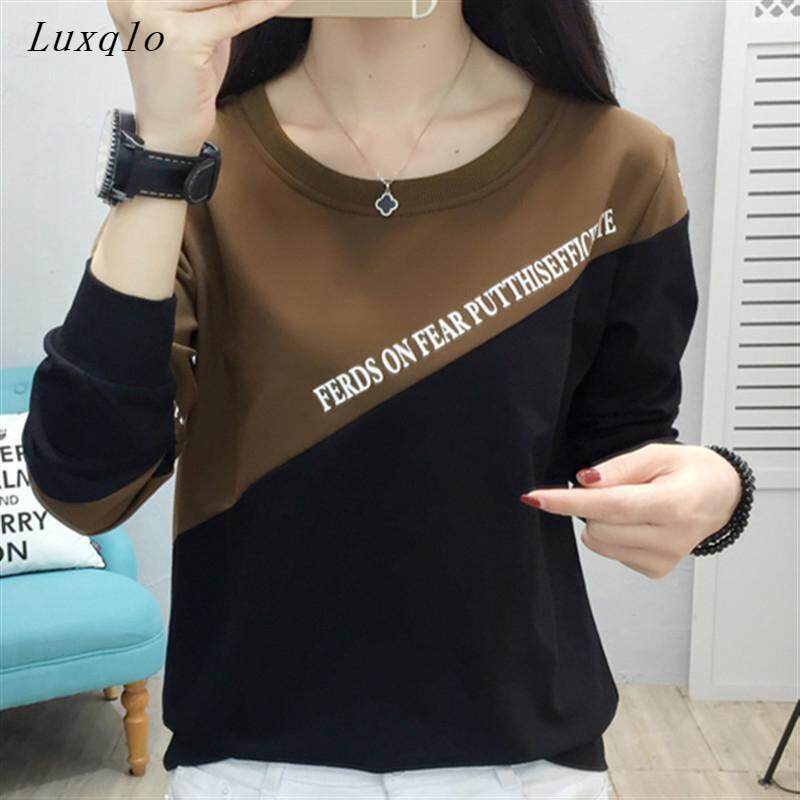 Luxqlo Áo Thun Nữ Áo Thun Harajuku Mùa Thu Mới Áo Thun Cotton Dài Tay Cổ Tròn Quần Áo Nữ Ngoại Cỡ Chắp Vá Thường Ngày