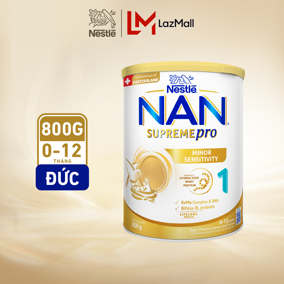 Sữa bột Nestle NAN SUPREMEPRO 1 800g nhập khẩu Đức với đạm Whey thủy phân 1 phần, 5HMO hỗ trợ triệu chứng mẫn cảm