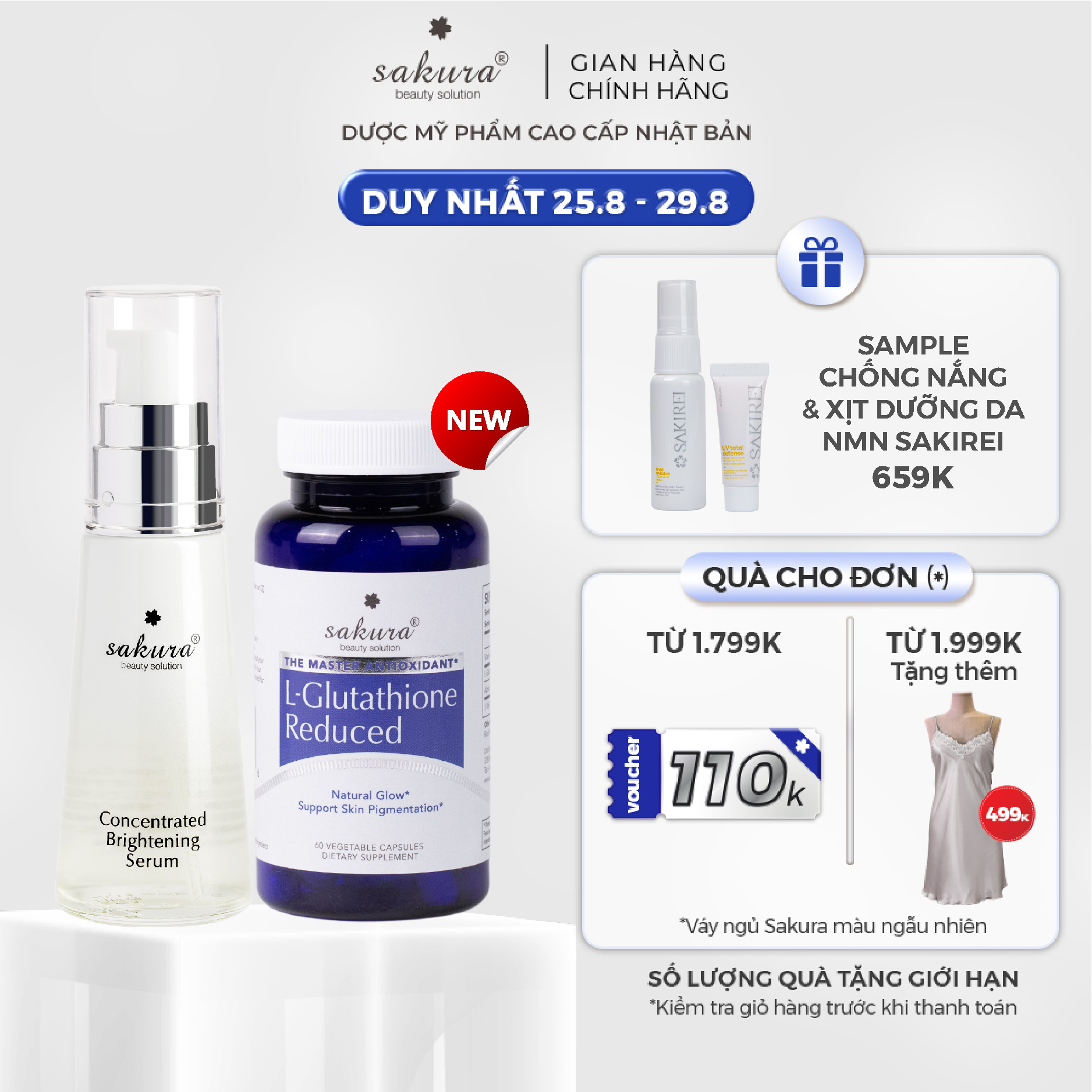 Bộ 2 sản phẩm Viên uống trắng da Glutathione & Serum dưỡng trắng da Sakura