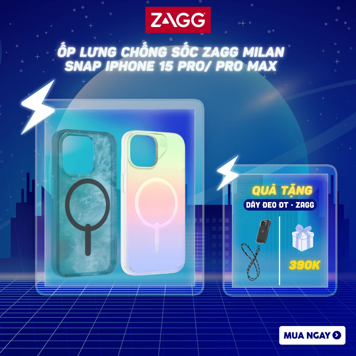 Ốp lưng chống sốc bảo vệ ZAGG Milan Snap cho iPhone 15 Series Magsafe tương thích sạc không dây bảo hành 1 năm