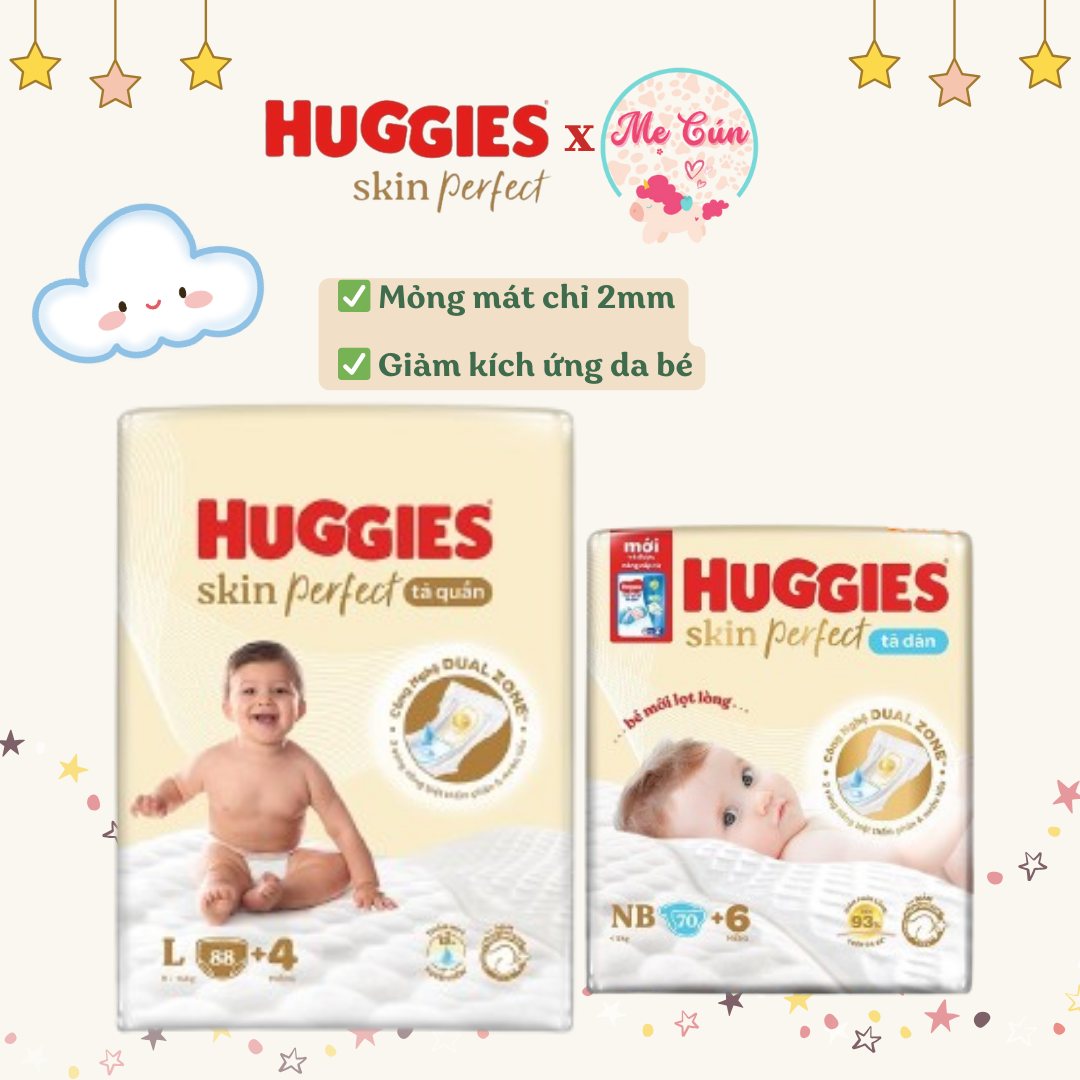  TÃ DÁN NB70 S54 S80 M76 TÃ QUẦN HUGGIES SKIN PERFECT M98 L88 XL72 XXL64 MẪU MỚI VỚI 2 VÙNG THẤM HÚT,MỎNG NHẸ GIẢM KÍCH ỨNG DA BÉ 