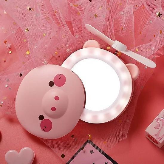 Quạt Hình Heo cute mini tích điện kèm gương soi đèn sạc một lần dùng mãi mãi -Gía Sốc HOT SALE