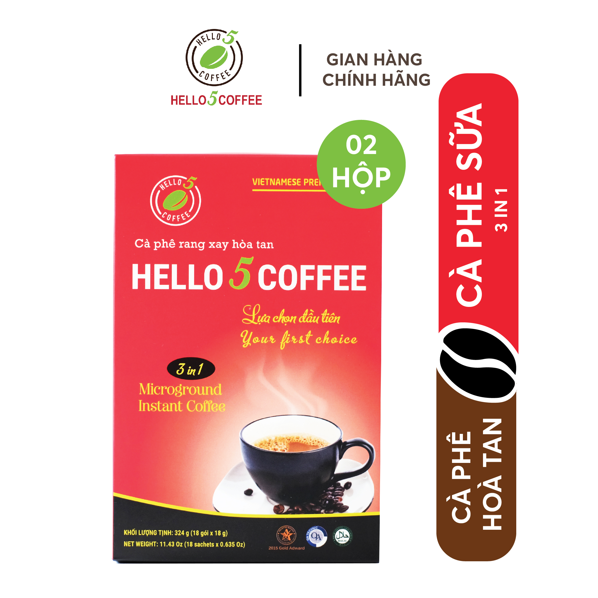 Combo 2 hộp cà phê sữa hòa tan 3in1 hello 5 coffee - 2 hộp 18 gói x 18g