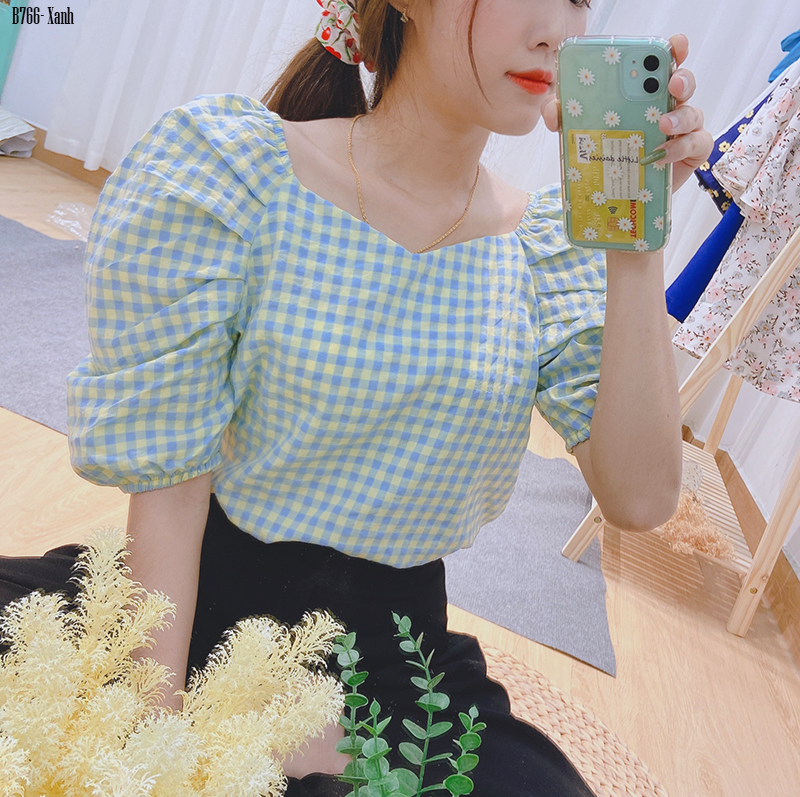 B766- áo caro tay xếp ly bồng