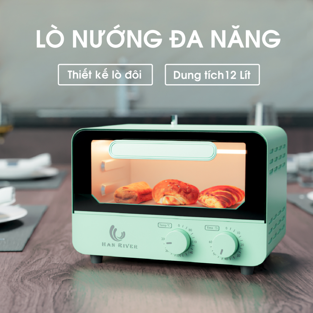 HAN RIVER Lò Nướng Điện Đa Năng | Thiết Kế Nướng Hai Lớp | Kính Chống Cháy Nổ | Ống Đôi Sưởi Ấm
