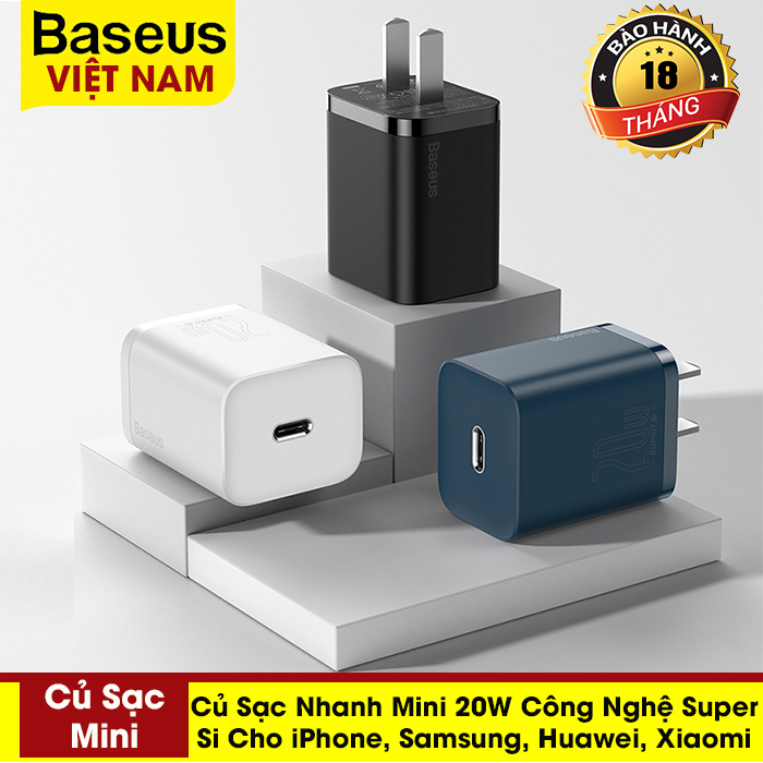 [BẢO HÀNH 18 THÁNG] Củ sạc nhanh mini  Baseus 20W, công nghệ Super Si đầu sạc PD cho iPhone 13, iphone 12 promax, Samsung, Huawei, Xiaomi,..