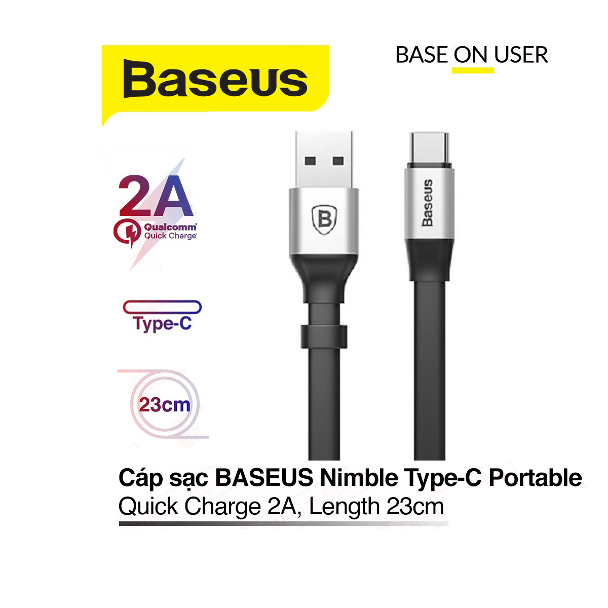 Cáp sạc 2A Baseus Nimble Type-C dây dẹt chống rối dài 23CM