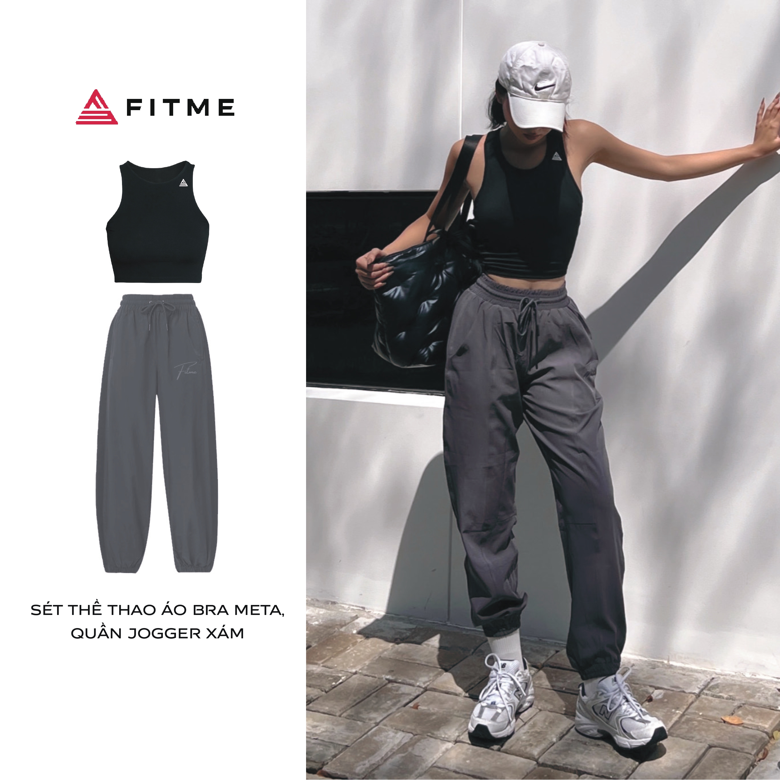 Bộ thể thao nữ Fitme áo bra tập gym Meta Đen, quần jogger microfiber Xám co giãn 4 chiều năng động thấm hút tốt