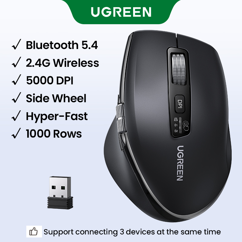 Chuột không dây UGREEN Ergonomic Wireless Mouse High-Speed Scroll 1000 Rows Bluetooth and 2.4GHz Wireless with USB Mini Receiver DPI Setting 5000DPI 6 Buttons for PC / Mac /Linux Laptop Model: M751