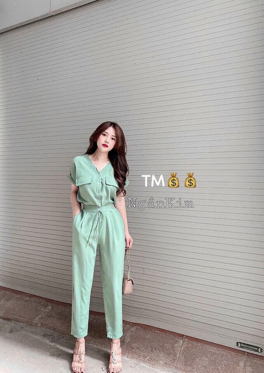 Set đồ bâo nữ áo cổ V cài nút, quần tây dài ôm mặc đi chơi, đi làm, đi dạo phố, chất kate thoáng mát