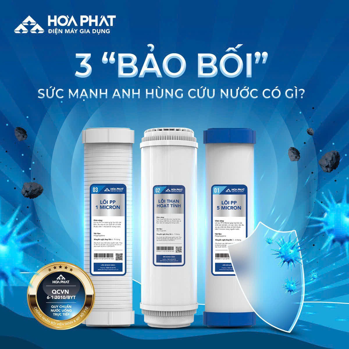 Bộ lõi lọc nước 123 Hòa Phát - Bộ 3 lõi lọc nước Hòa Phát