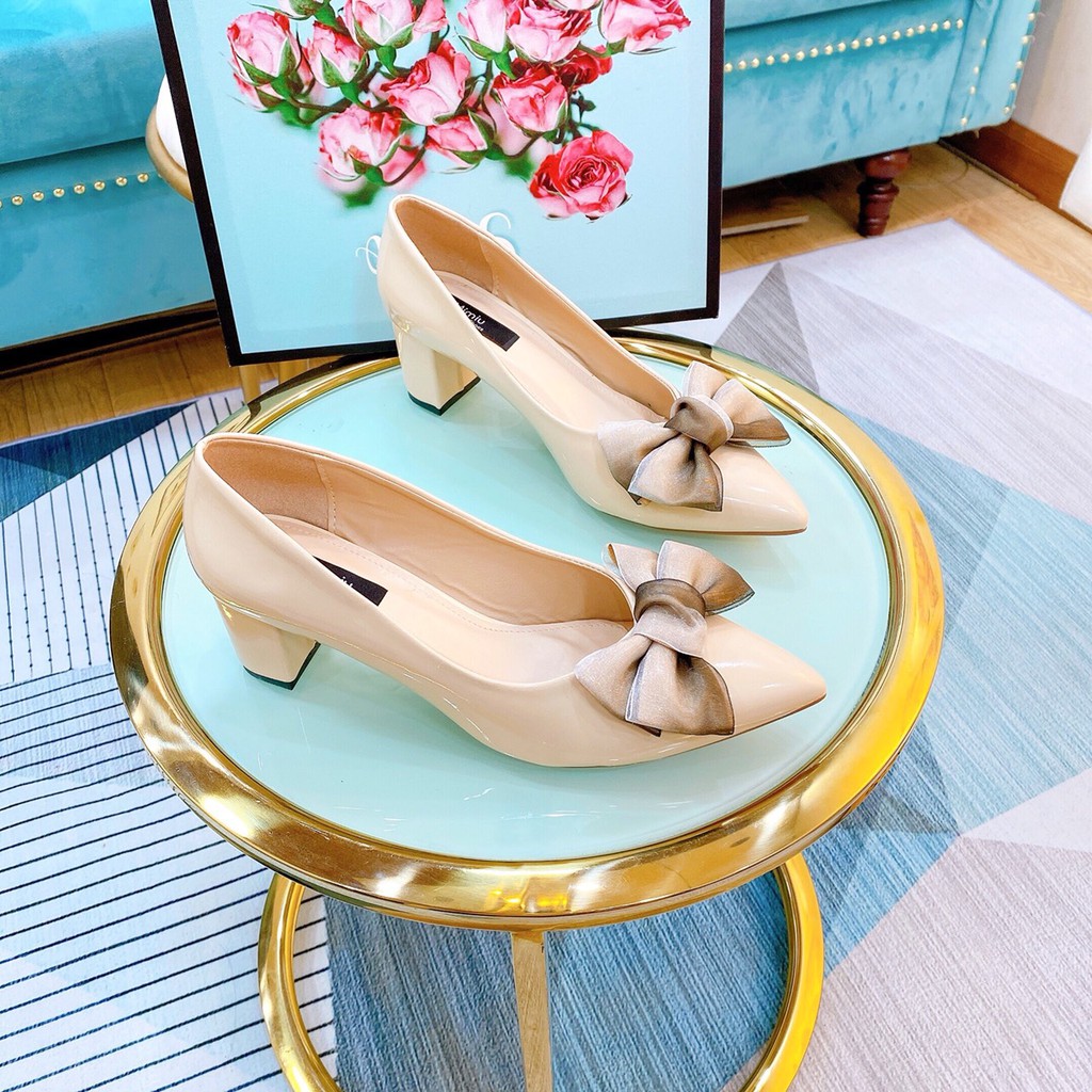 Giày Cao Gót Nữ Thời Trang Mũi Nhọn, Giày Búp Bê Nữ Đính Nơ Gót Vuông Cao 5P Form Chuẩn Từ 35-40 Màu