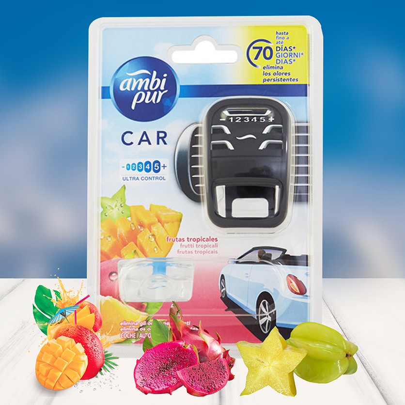 Bộ Tinh Dầu Thơm Ô Tô Ambi Pur Fruity Tropics 7ml.Tinh dầu ô tô.HƯƠNG TRÁI CÂY. Nước hoa khử mùi ô tô.kháng khuẩn,chống say xe..Nhập khẩu từ châu âu.( gồm một máy và lọ tinh dầu Ambi Pur)