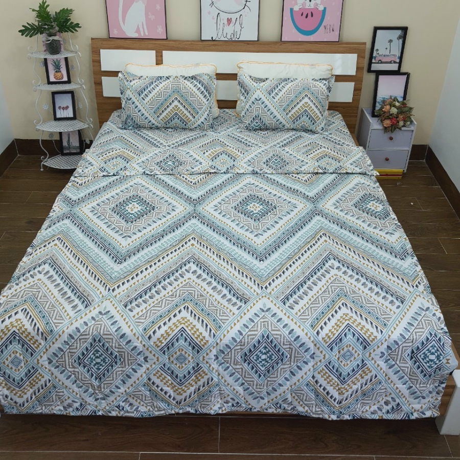 (Siêu rẻ) Bộ Chăn Ga Gối 5 Món Siêu Đẹp Phù Hợp Thời Tiết Hè Thu - Chất Liệu Vải Poly Cotton Mềm Mịn - Thổ Cẩm trắng, Mickey, Thỏ cute,..