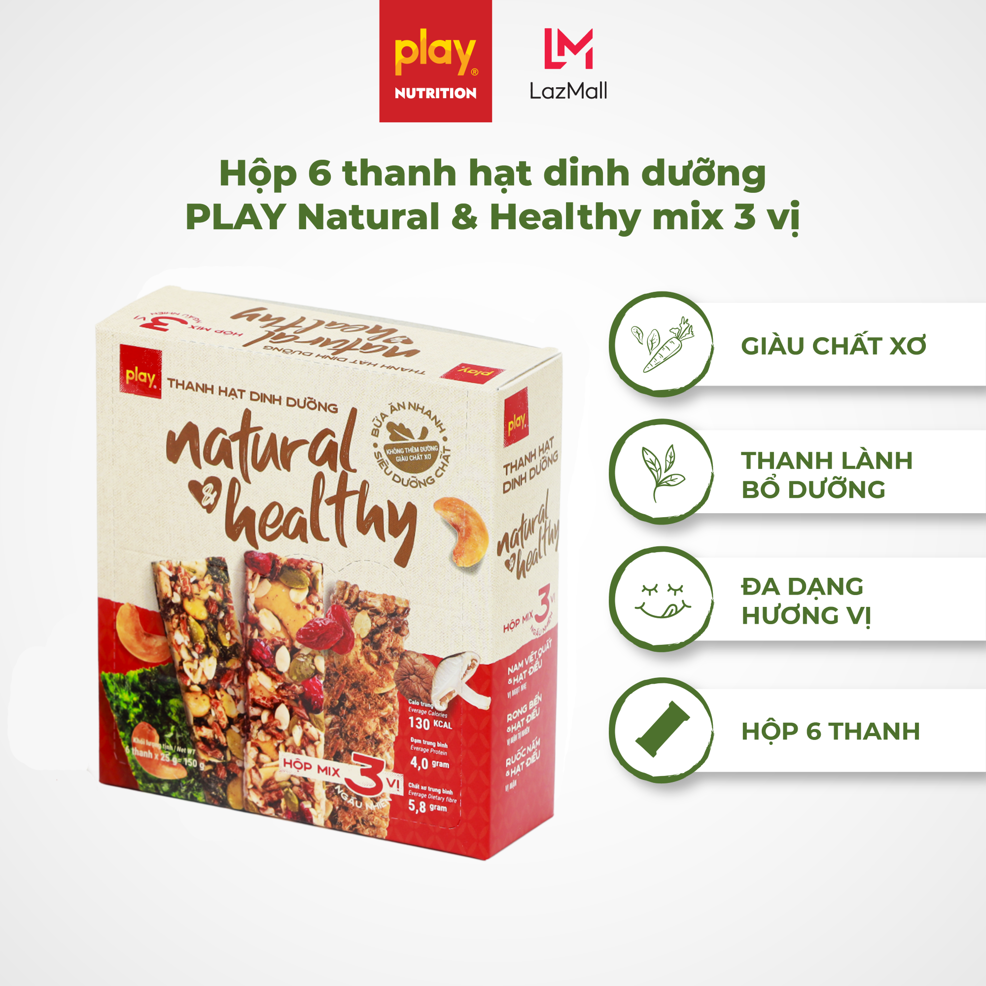 Hộp 6 thanh hạt dinh dưỡng PLAY Natural Healthy - Bánh hạt dinh dưỡng, bánh ngũ cốc ăn kiêng
