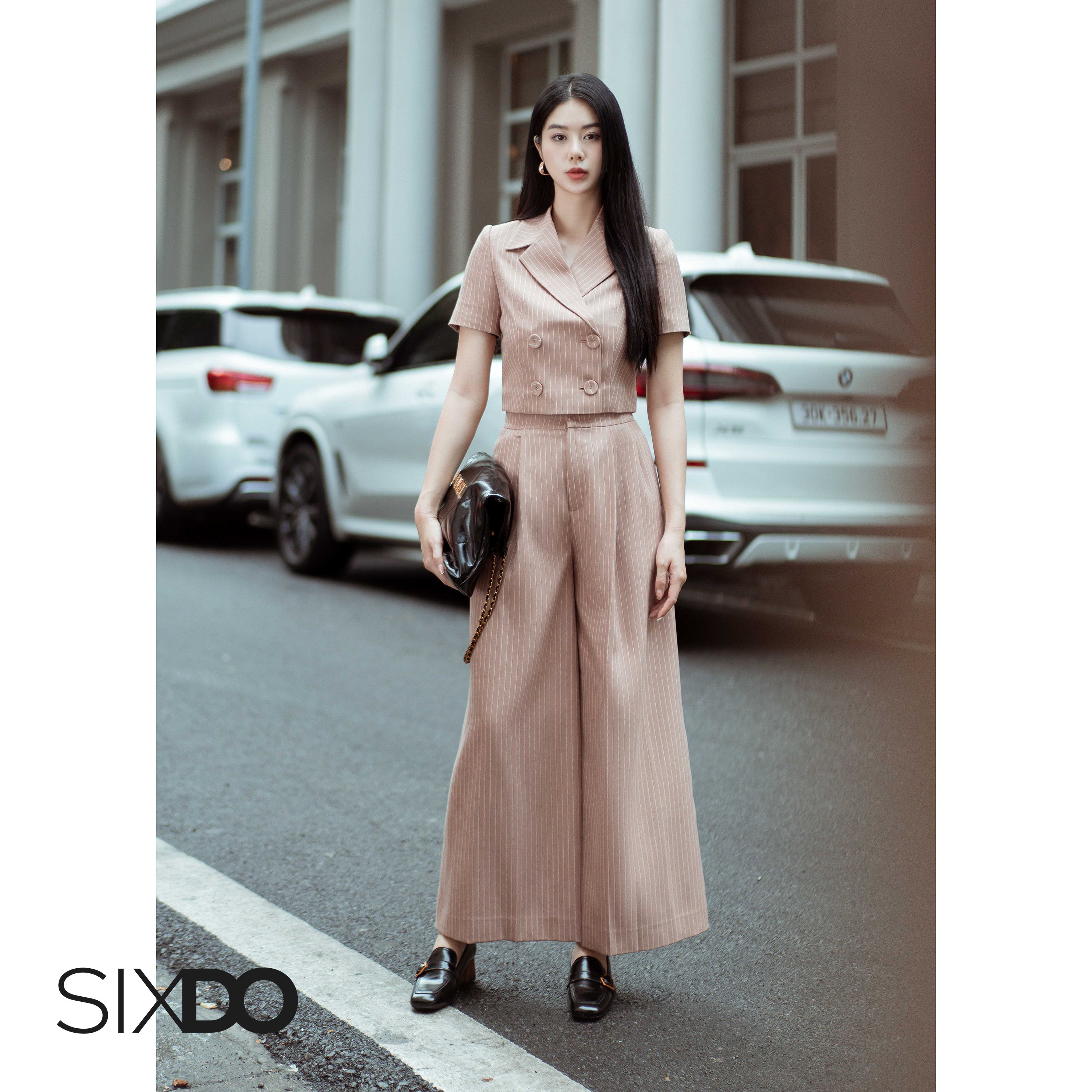 Áo Vest nữ kẻ sọc dáng lửng SIXDO (Brownish-beige Stripe Cropped Woven Vest)