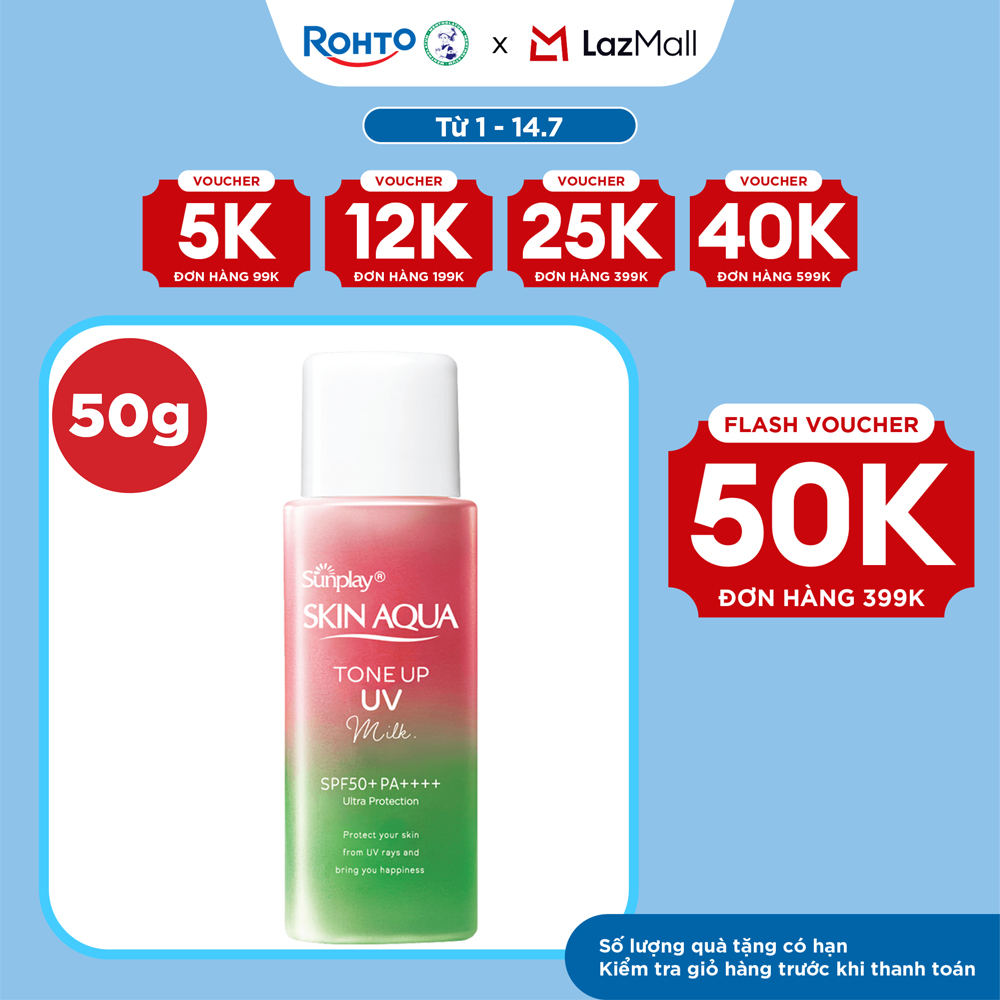 Kem chống nắng nâng tông Skin Aqua Tone up Rose cho da trắng, khuyết điểm xanh hoặc tái xanh, dạng sữa Sunplay Skin Aqua Tone Up UV Milk Rose  SPF 50+ PA++++ 50g