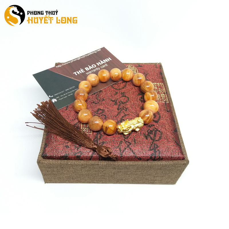 Vòng Tay Gỗ Huyết Rồng Thấu Quang Mix Tỳ Hưu Bạc Xi Vàng - Vòng Gỗ Phong Thủy - Vòng Tay May Mắn