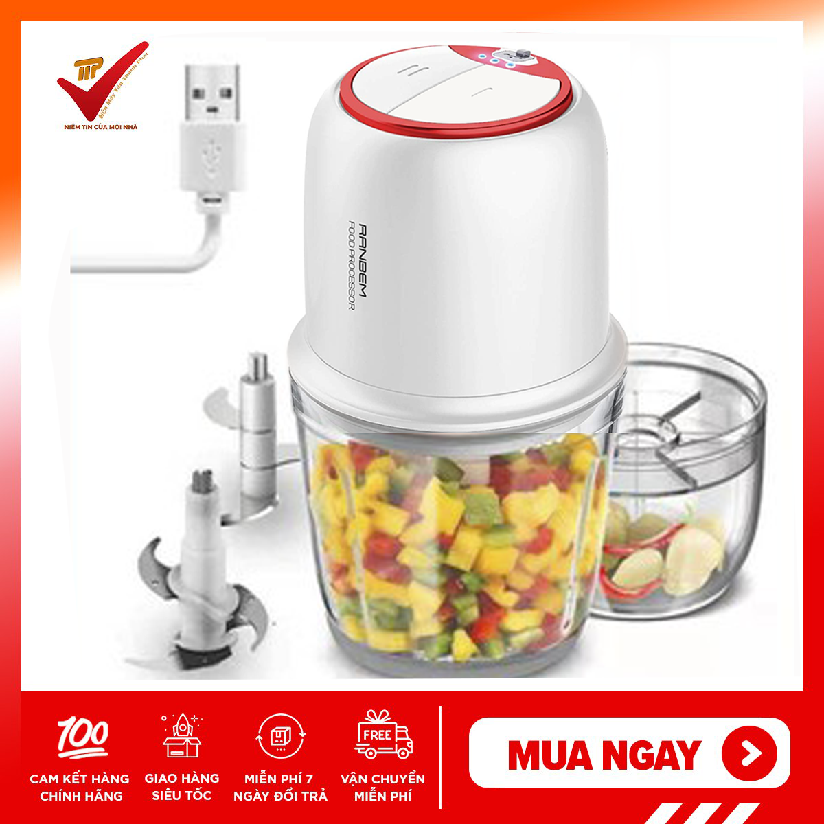 Máy chế biến thực phẩm nhỏ ranbem 238b máy xay không dây - máy xay thực phẩm điện mini với tô thủy tinh cho rau, hành, tỏi, salsa, thịt, thức ăn trẻ em, xay nhuyễn 2 tốc độ