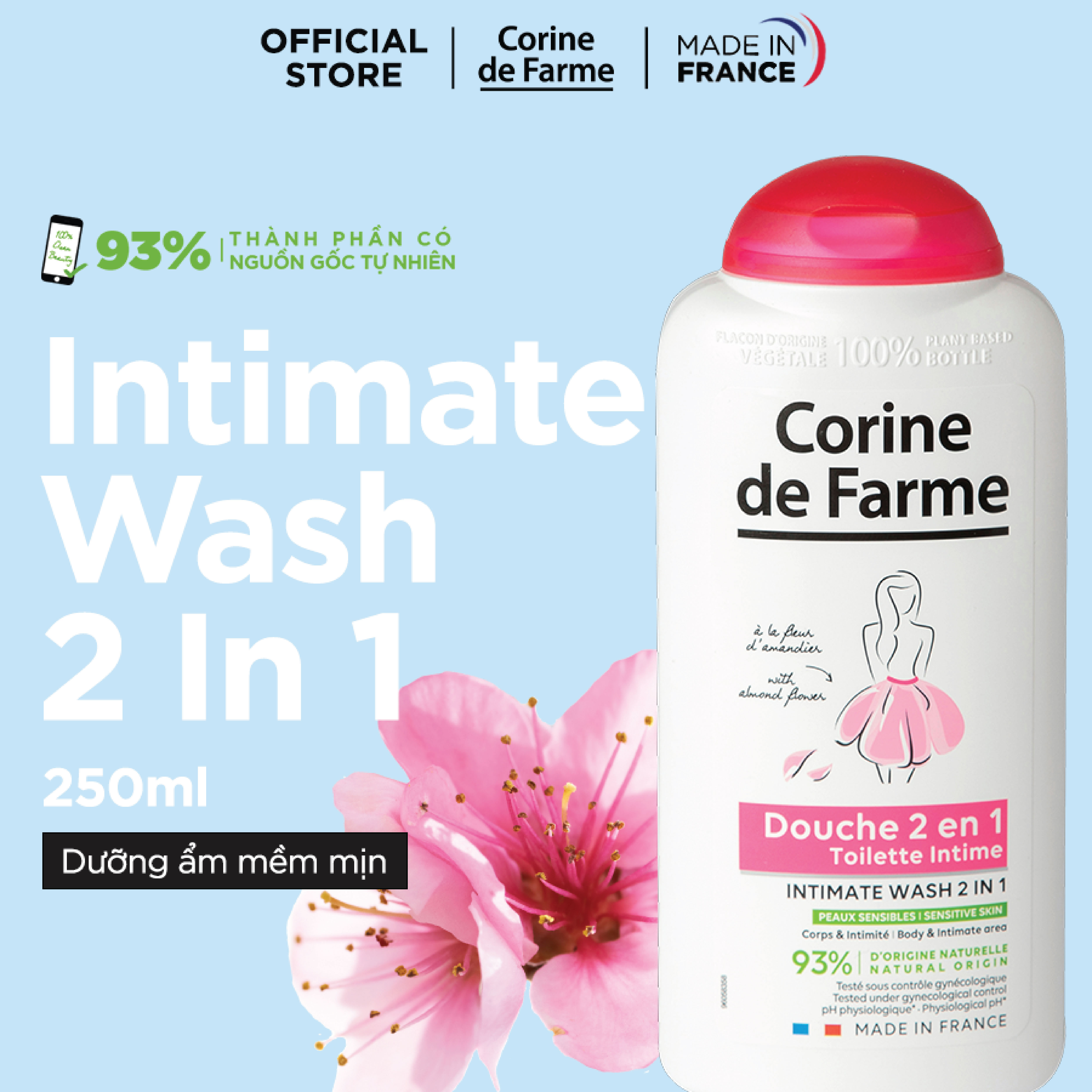 Sản phẩm 2 trong 1 , Gel làm sạch toàn thân và vùng sinh dục ngoài Corine de Farme Intimate Wash 2 in 1 250ml