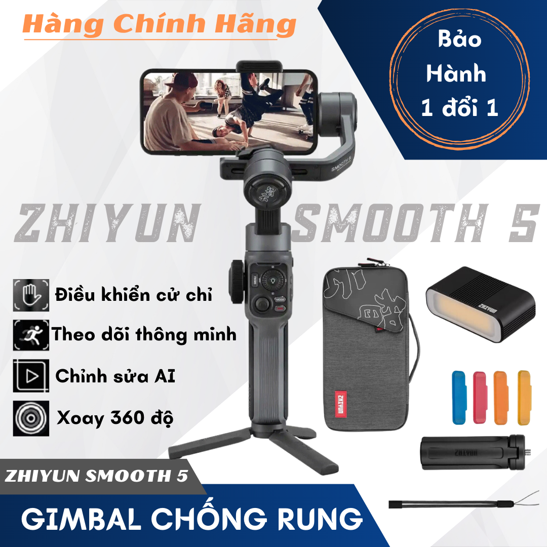 Gimbal chống rung điện thoại Zhiyun Smooth 5 - Tay cầm gimbal chính hãng - Gimball chống rung cho điện thoại, Sạc nhanh 2h, Xoay 360 độ, Chuyển cảnh mượt mà - Bảo Hành 1 đổi 1