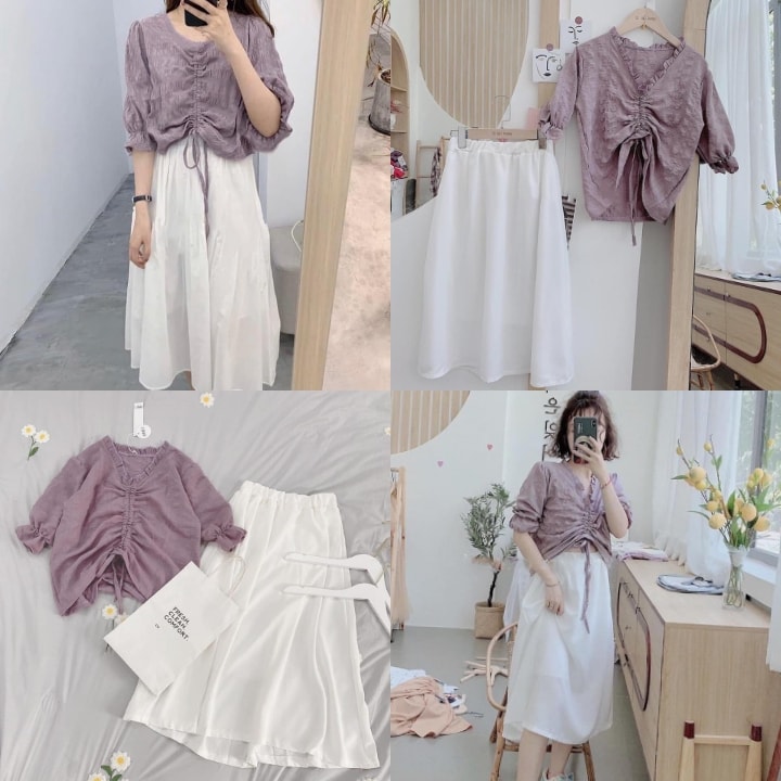 Set áo tím rút ngực và chân váy lụa trắng dài Xinh xắn